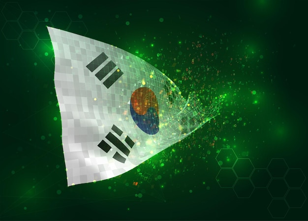 Korea on vector 3d flag on green background with polygons and data numbers