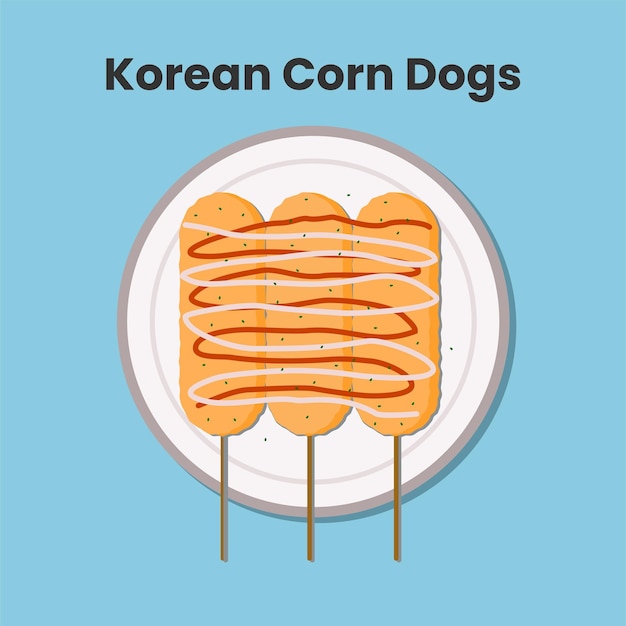 Korean corn dog illustration,  cheesy and crunchy with Mozzarella and chili sauce. Theme food.