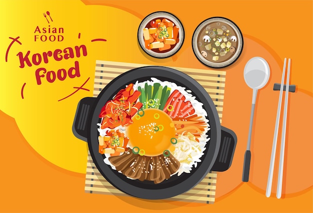 Korean cuisine Bibimbap set, Rice mixing with various ingredients in black bowl, top view   illustration