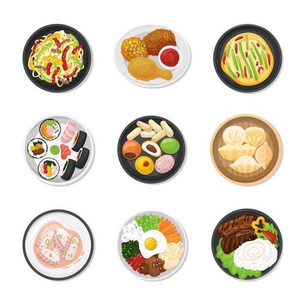 Korean dishes top view Chinese traditional food soup and dumpling Asian meal with rice and vegetables fried chicken and seafood Dinner vector neoteric set