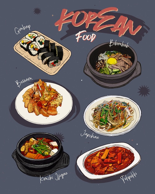 Korean food menu restaurant. Korean food sketch menu.