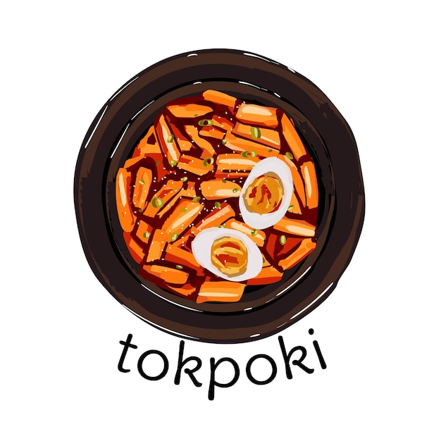 Korean food tokpoki on white background Illustration for restaurant menu Top view Vector illustration