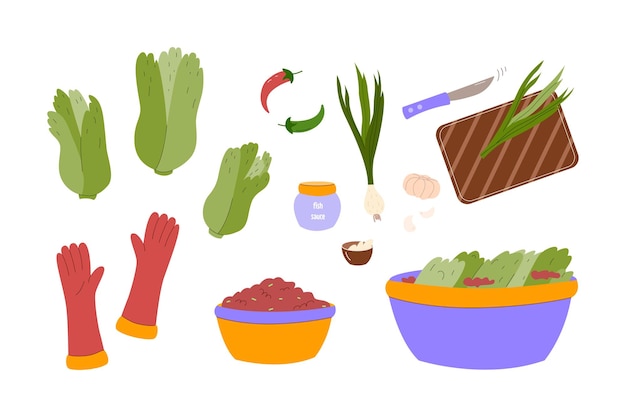 Korean gimjang, annual traditional kimchi cooking. Kimjang ingredients set. flat vector illustration