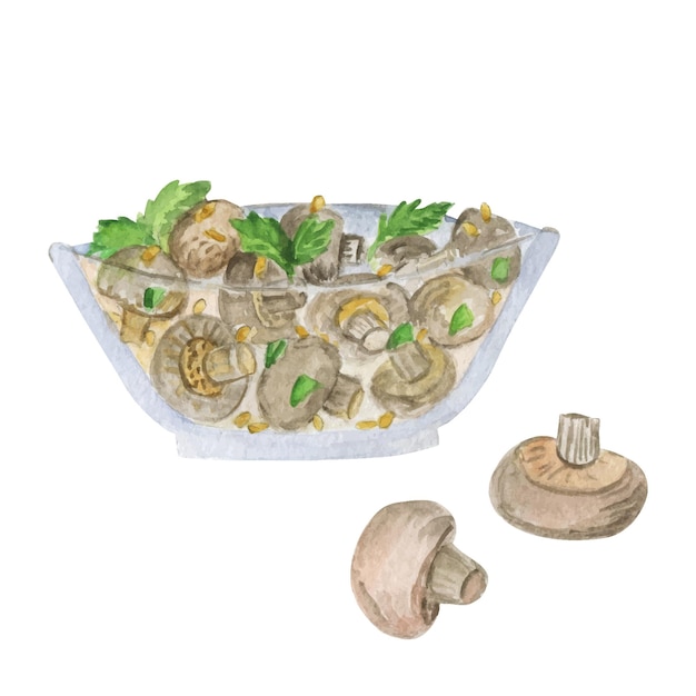 Korean marinated champignons Fresh salad Cold Asian snack Dish of oriental cuisine Menu design