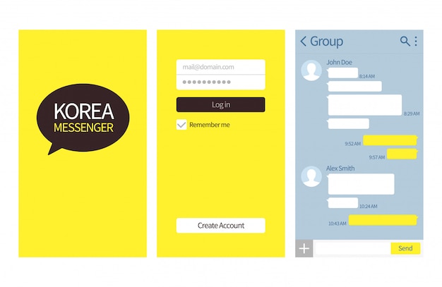 Korean messenger. Kakao talk interface with chat boxes, contact list and icons vector message template