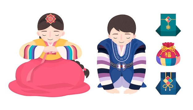 Korean new year custom hanbok and fortune bags design on white background, people doing new year's bow