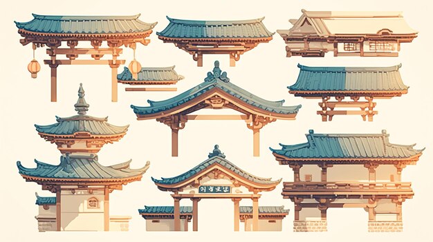 Vector korean pagoda patterns with tiered roofs