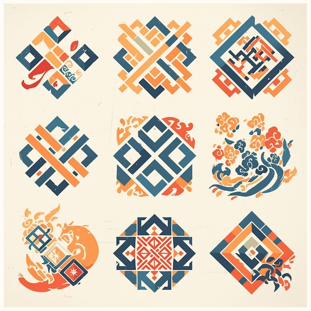 Vector korean pojagi patterns with patchwork designs