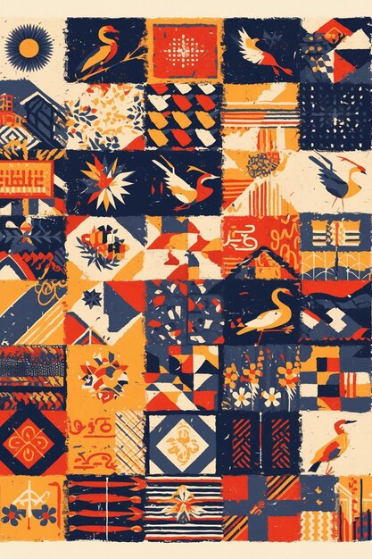 Vector korean pojagi patterns with patchwork designs