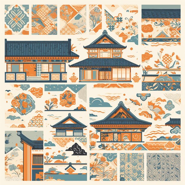 Vector korean traditional house patterns with hanok designs