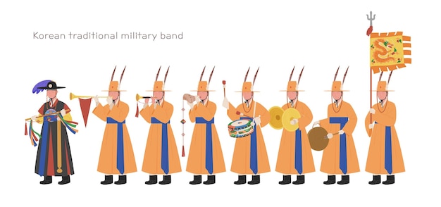 Korean traditional military band Soldiers are playing traditional musical instruments