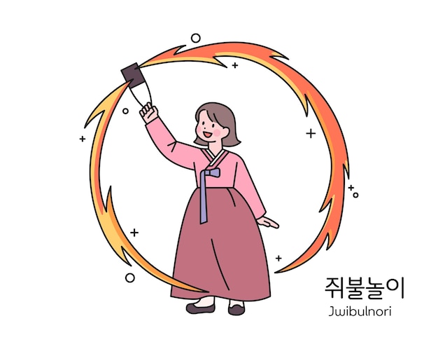 Korean traditional playA girl wearing a hanbok is playing the traditional game of turning a can with a fire