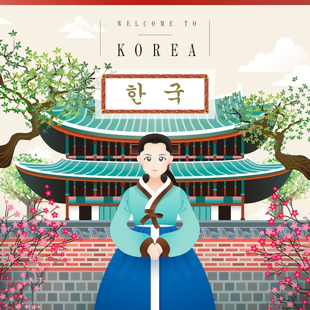 Korean vintage poster with a woman in hanbok