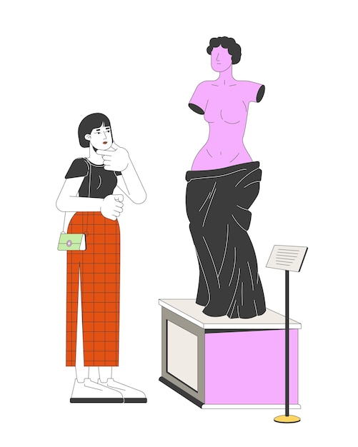 Korean woman watching on greek female statue 2D linear cartoon character