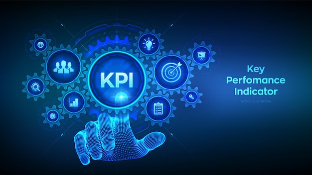 KPI Key performance indicator business and industrial analysis technology concept on virtual screen Wireframe hand touching digital interface with connected gears cogs and icons Vector illustration