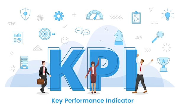 Kpi key performance indicator concept with big words and people surrounded by related icon