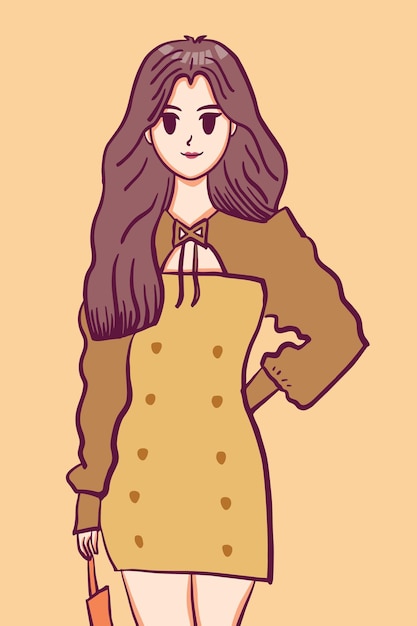 kpop cute girl well dressed brown dress handdrawn illustration