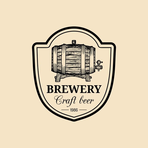 Kraft beer barrel logo Old brewery icon Hand sketched keg illustration Vector vintage lager ale label or badge