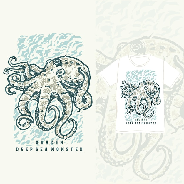 The kraken deep sea monster vintage tshirt design