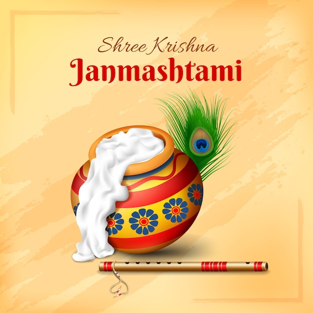 krishna janmashtami festival banner illustration with dahi handi and bansuri