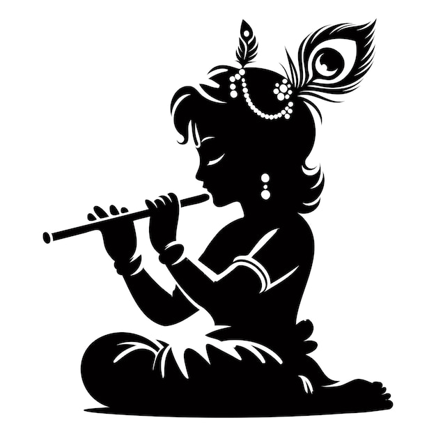 Vector krishna playing flute with melody while sitting in silhouette