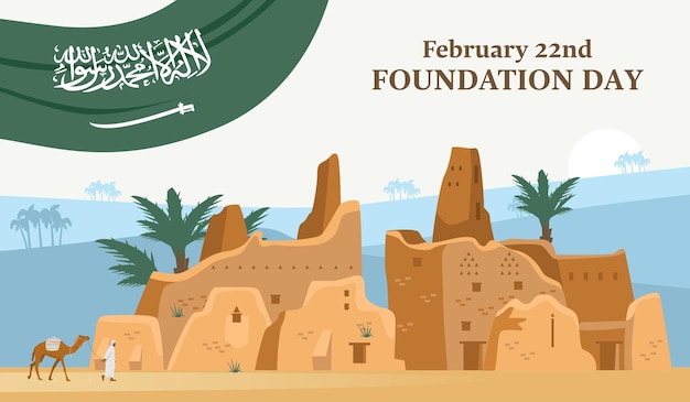 Vector ksa foundation day vector banner atturaif and desert landscape illustration