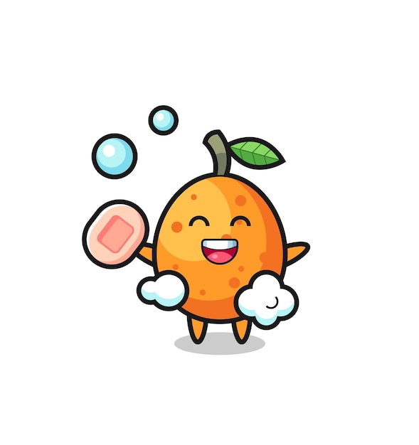 Kumquat character is bathing while holding soap