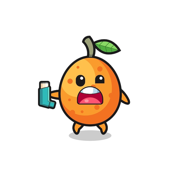 Kumquat mascot having asthma while holding the inhaler