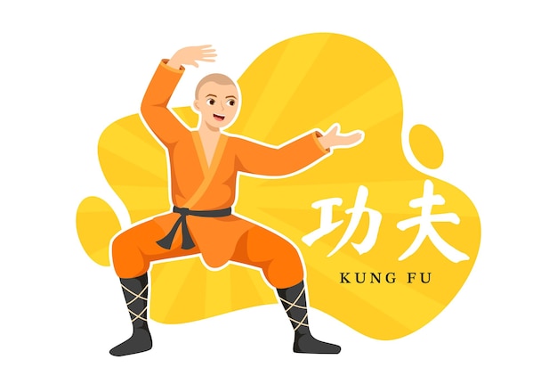 Kung Fu Illustration with People Showing Chinese Sport Martial Art in Cartoon Hand Drawn Templates