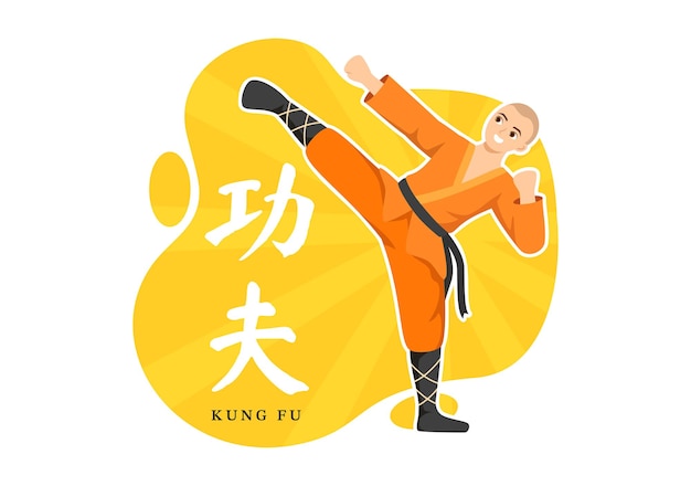 Kung Fu Illustration with People Showing Chinese Sport Martial Art in Cartoon Hand Drawn Templates