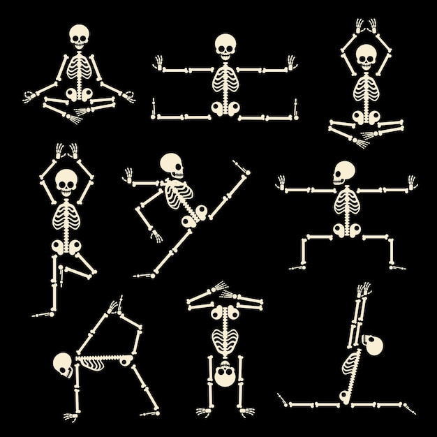 Kung fu and yoga skeletons set. Human pose anatomy, body comic, healthy fitness, vector illustration