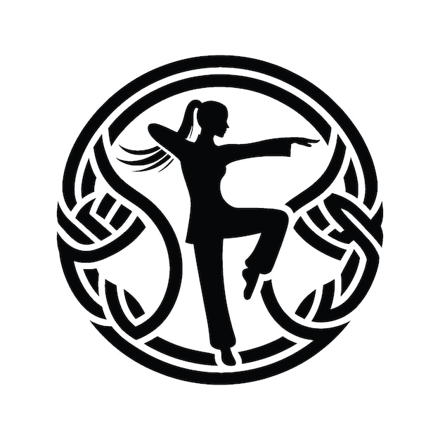 kungfu Tai Chi female player in celtic knot pattern illustration emblem shield badge