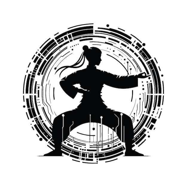 kungfu Tai Chi female player in cyberpunk pattern illustration emblem shield badge