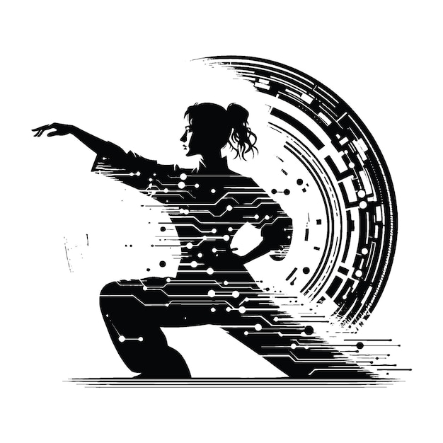 kungfu Tai Chi female player in cyberpunk pattern illustration emblem shield badge