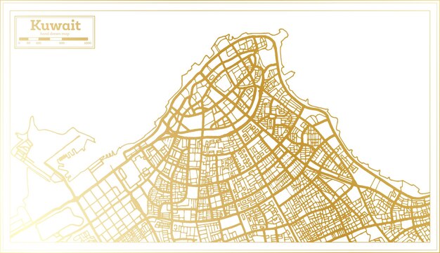 Kuwait City Map in Retro Style in Golden Color Outline Map