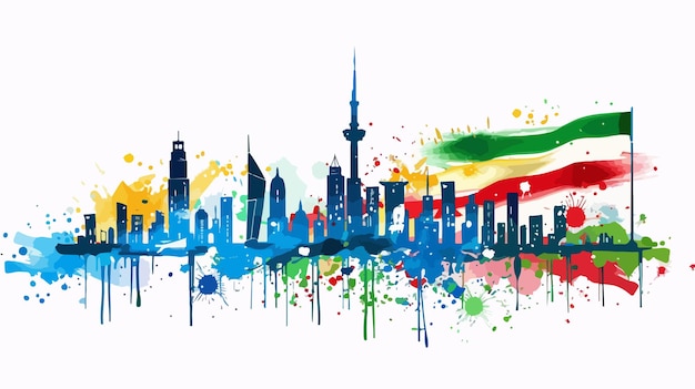 Vector kuwait flag with skyline vector illustration