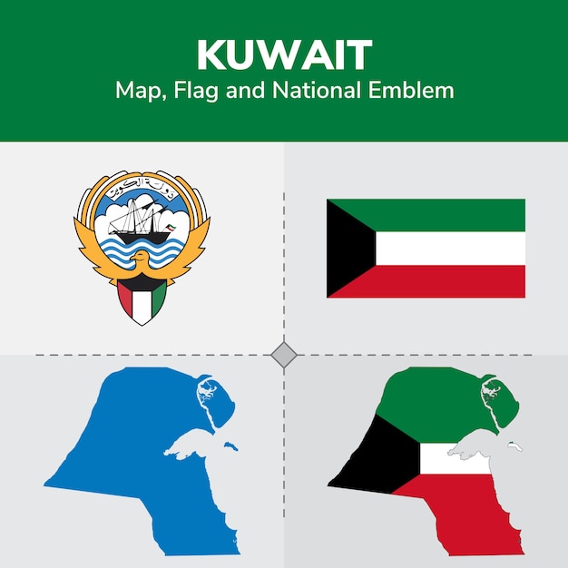 Kuwait Map, Flag and National Emblem 