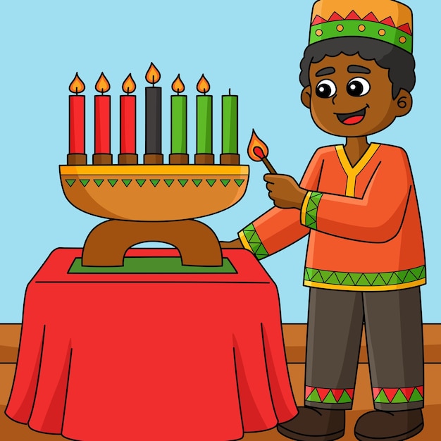 Kwanzaa Boy Lighting Kinara Colored Cartoon