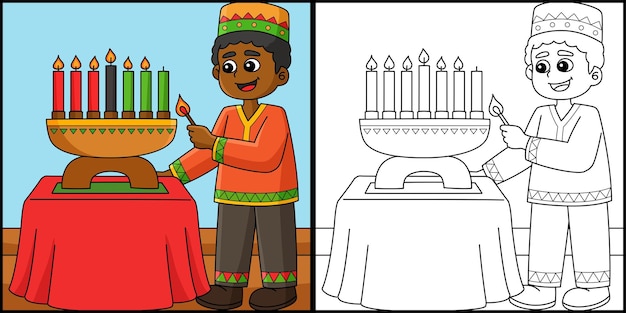 Kwanzaa Boy Lighting Kinara Coloring Illustration