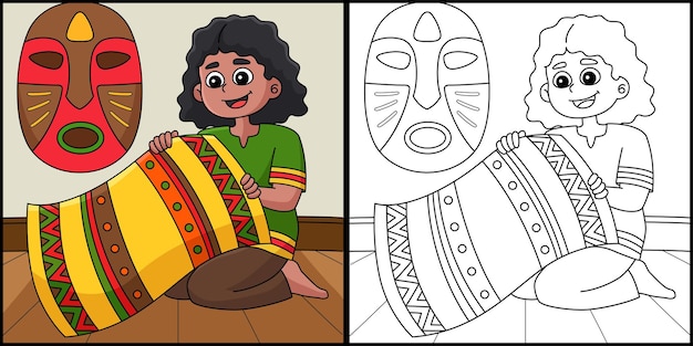 Kwanzaa Girl Holding Mkeka Coloring Illustration