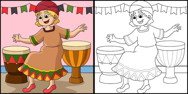 Kwanzaa Girl Playing Djembe Coloring Illustration