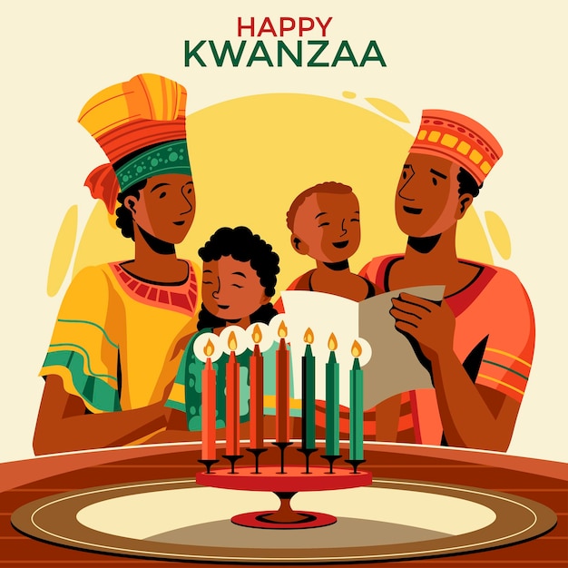 Kwanzaa holiday concept with decorate seven candles and family gathering