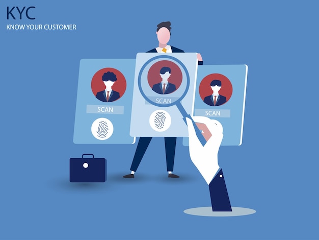 KYC or know your customer with business verifying the identity of its clients concept at the partnerstobe through a magnifying glass vector illustrator