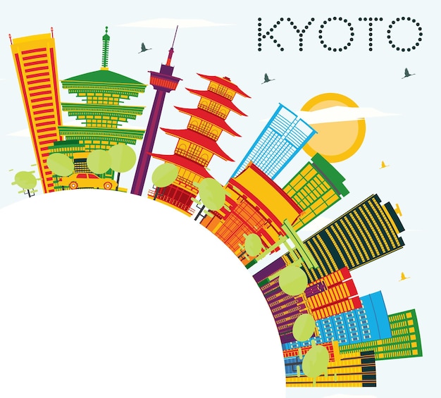 Kyoto Skyline with Color Buildings, Blue Sky and Copy Space. Vector Illustration. Business Travel and Tourism Concept with Historic Architecture.