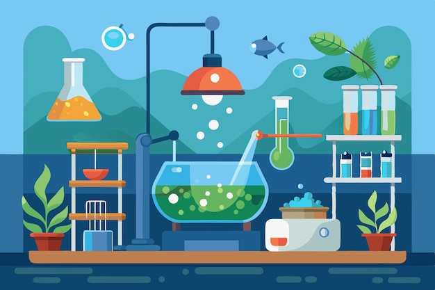 Lab Area for Studying Pollution Impact on Aquatic Life Vector Illustration