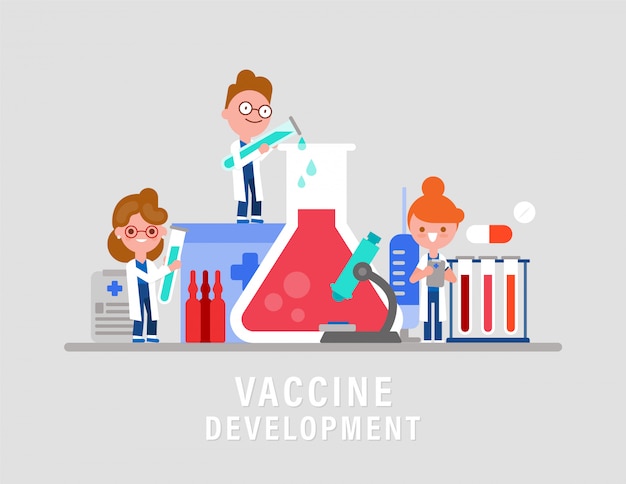 Lab research development of vaccine or drug. Vaccination concept illustration. Team of Research Scientists cartoon character.