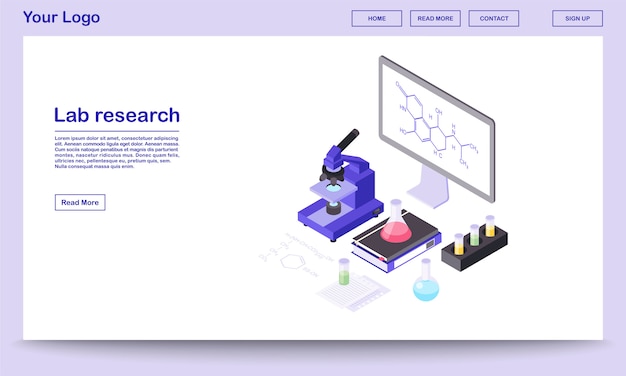 Vector lab research tools isometric webpage template. modern laboratory equipment, 3d microscope, beakers. chemical substance formula on big board, screen.