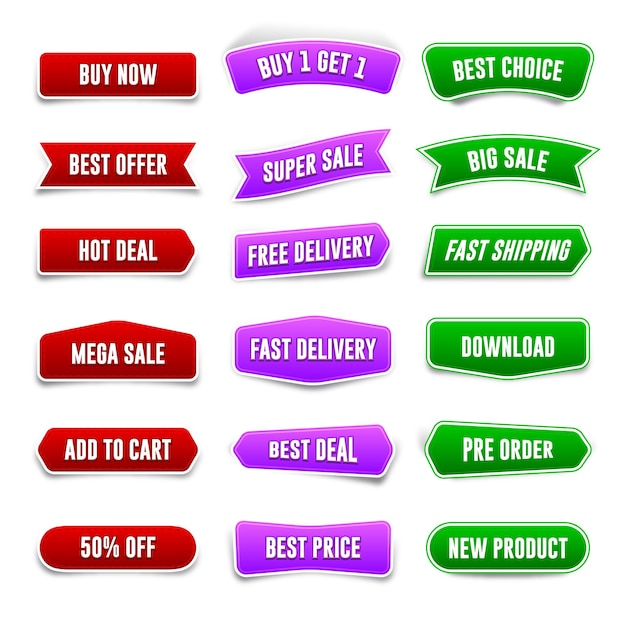 Label or button collection with red purple and green color