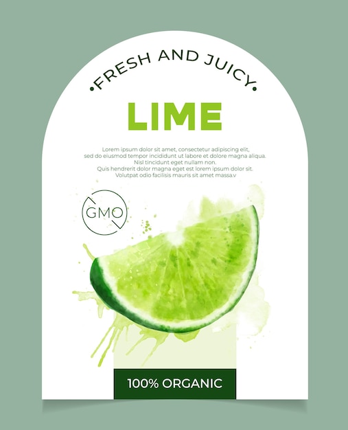 Label, packaging of fresh and juicy lime fruit. Natural organic product, gmo free. Text