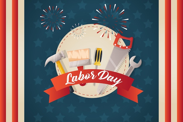 Vector labor day blue background american fireworks and building tools and the usa flag